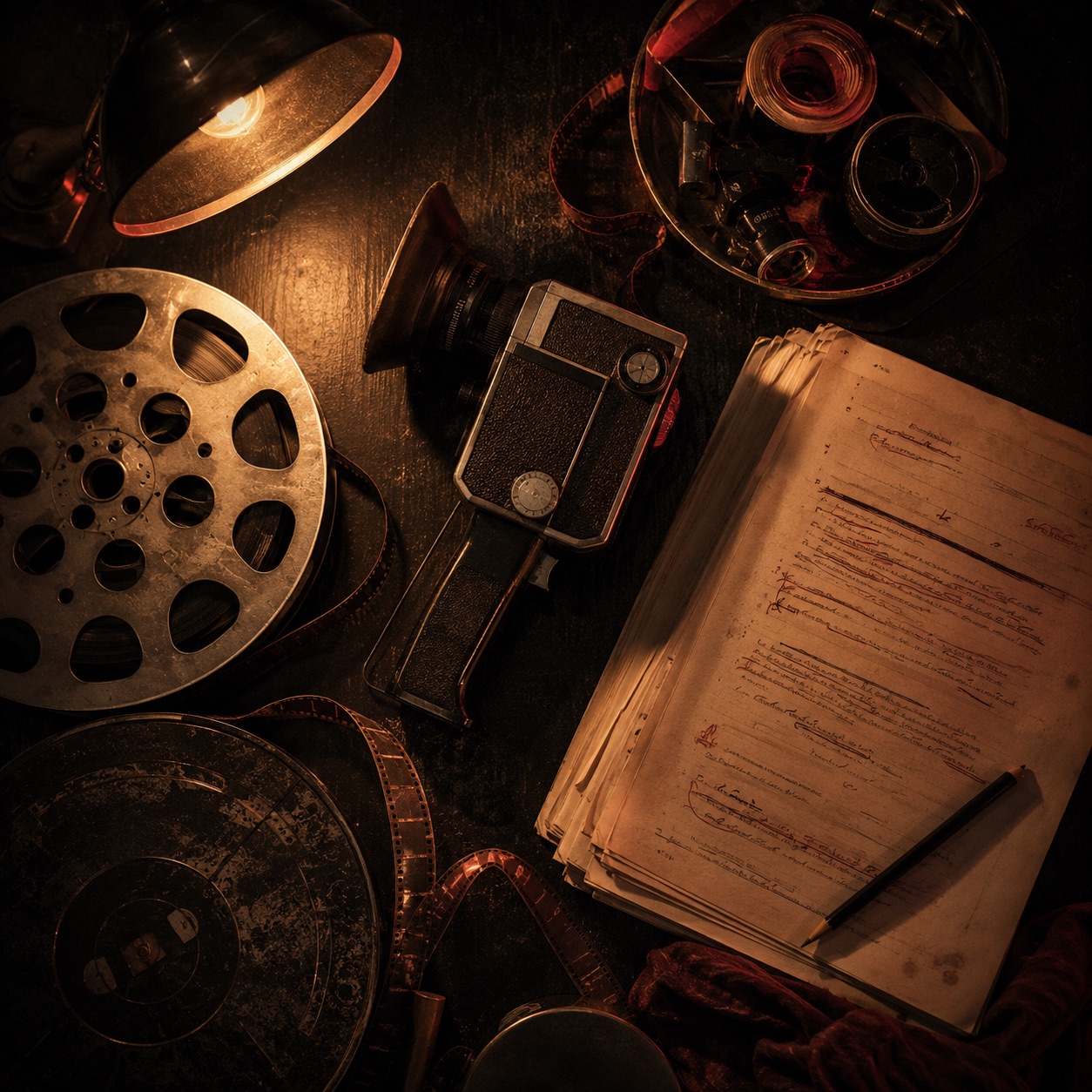 Film reels, a vintage camera and a marked-up script on a dark table
