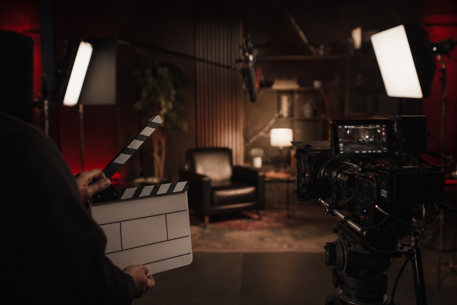 A corporate video shoot seen from behind the camera, with a slate clapperboard in the foreground