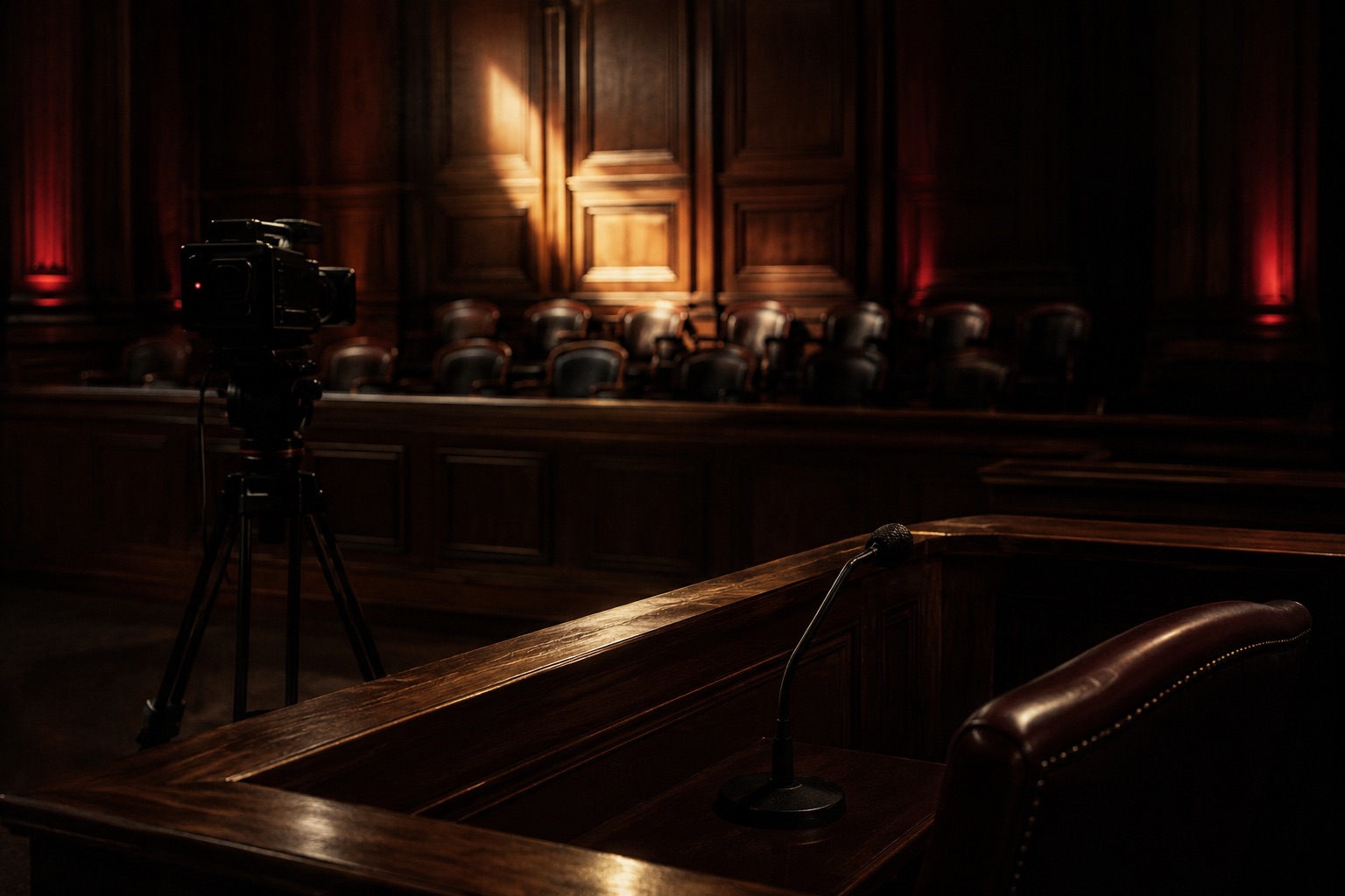 A video camera set up in a dim, empty courtroom facing the jury box